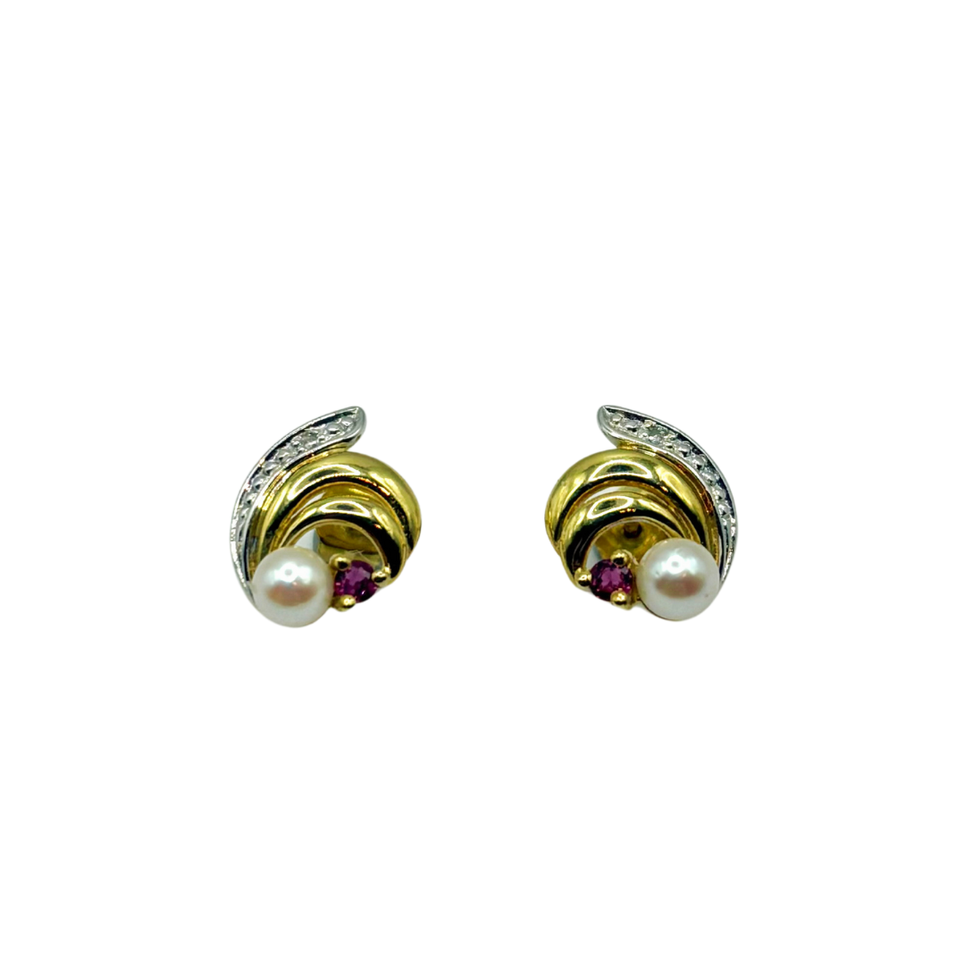 Boucles D'oreilles - Or Jaune 750 Perles Naturelles & Rubis