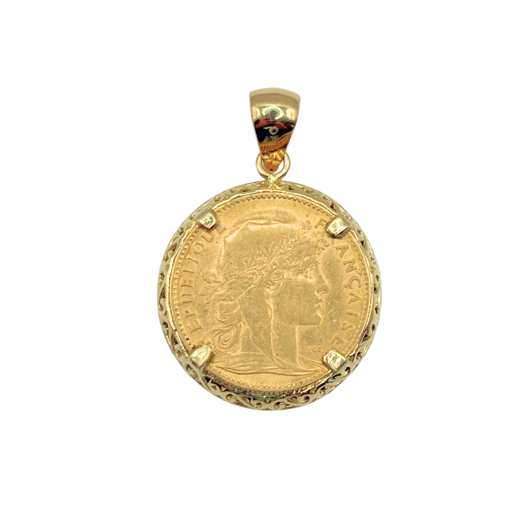 Pendentif Pièce - Or Jaune 750 & Pièce 10 Francs Marianne Coq