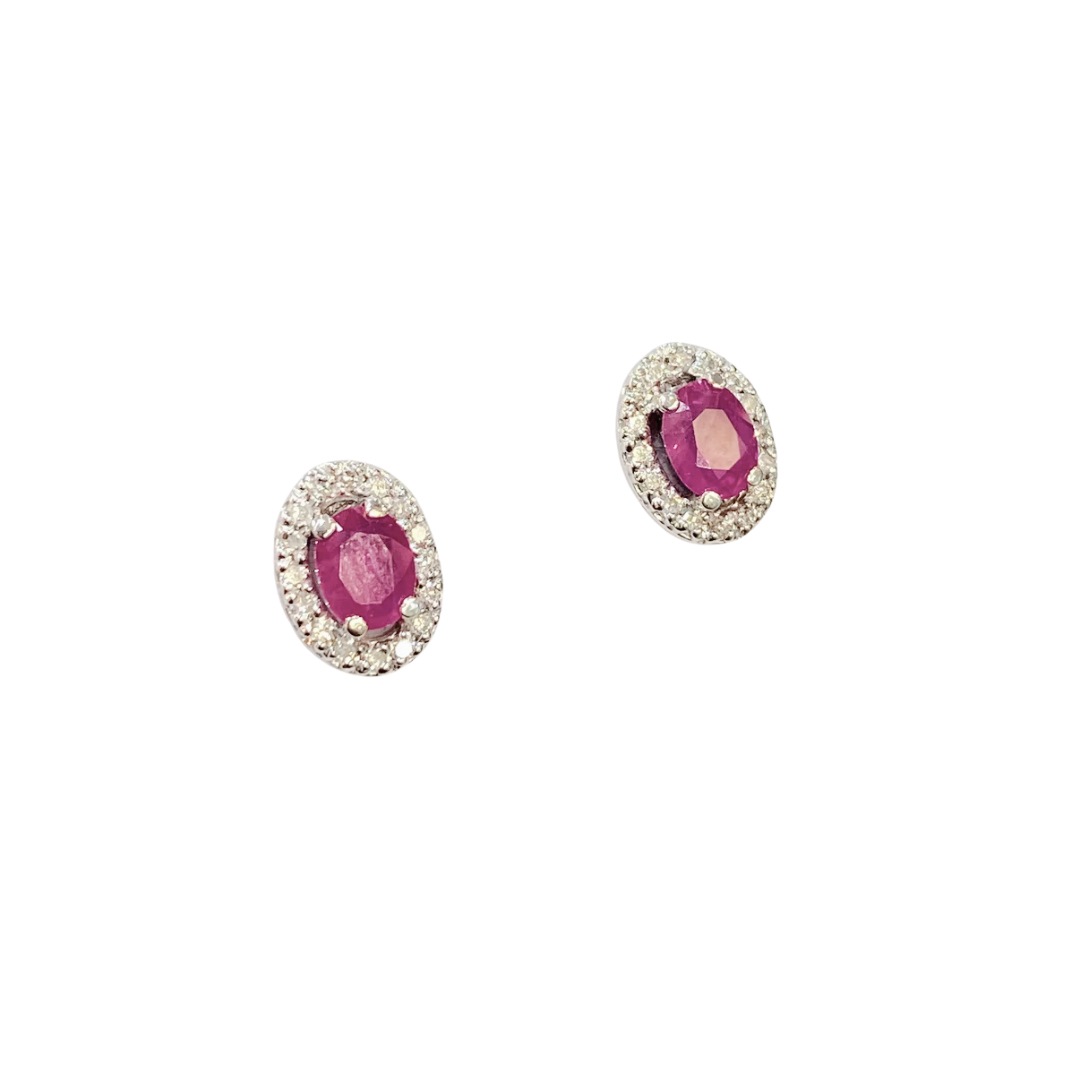 Boucles D'oreilles Puces - Or Blanc 750 Rubis & Diamants
