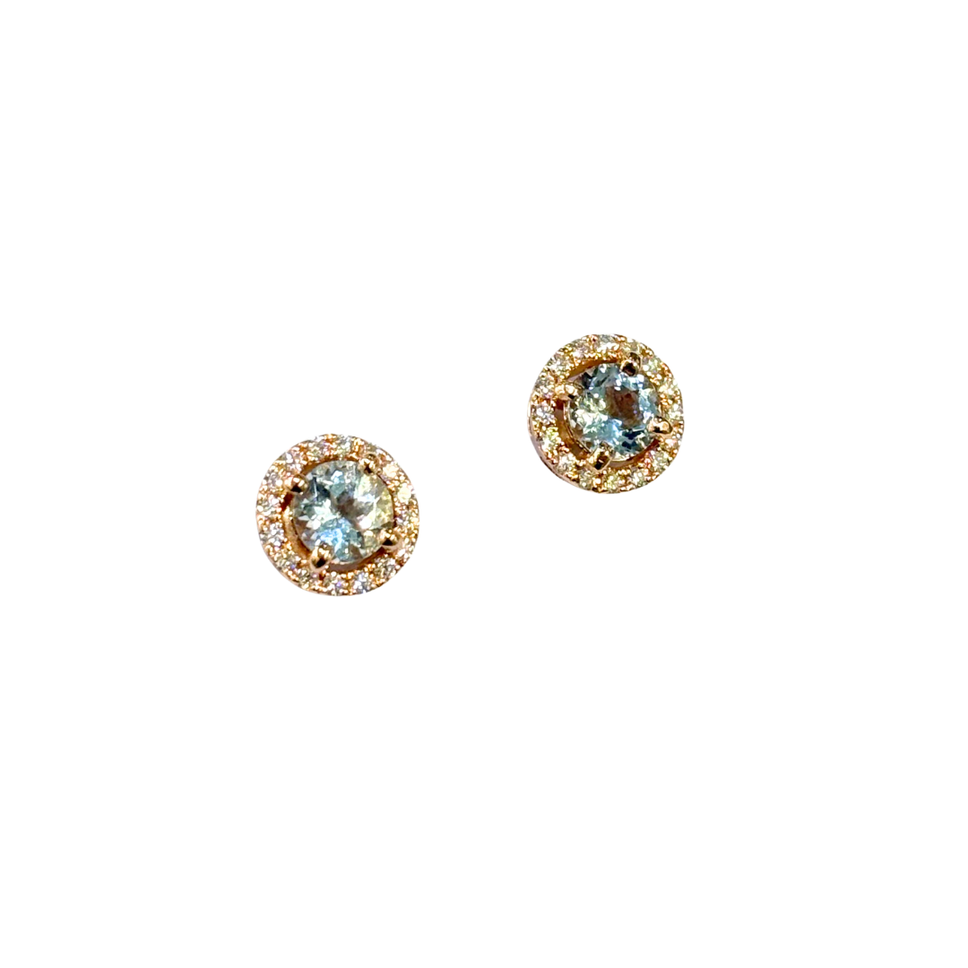 Boucles D'oreilles Vintage - Or Rose 750 Aigue-Marine & Diamants