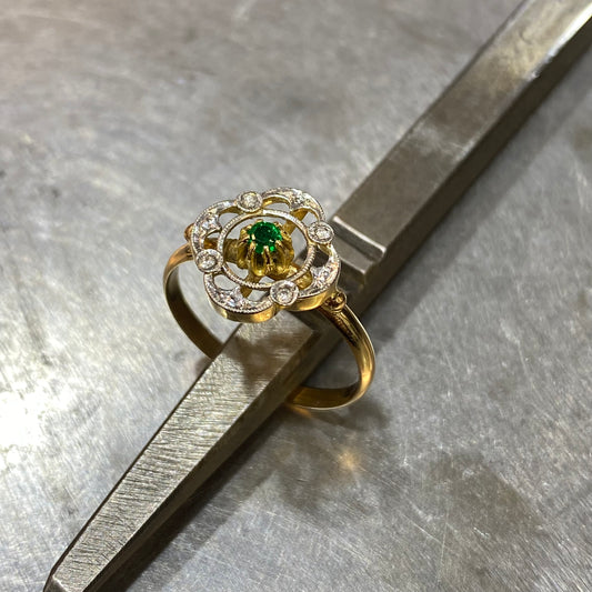 Bague Art Nouveau - Or Jaune/Blanc 750 Émeraude & Diamants