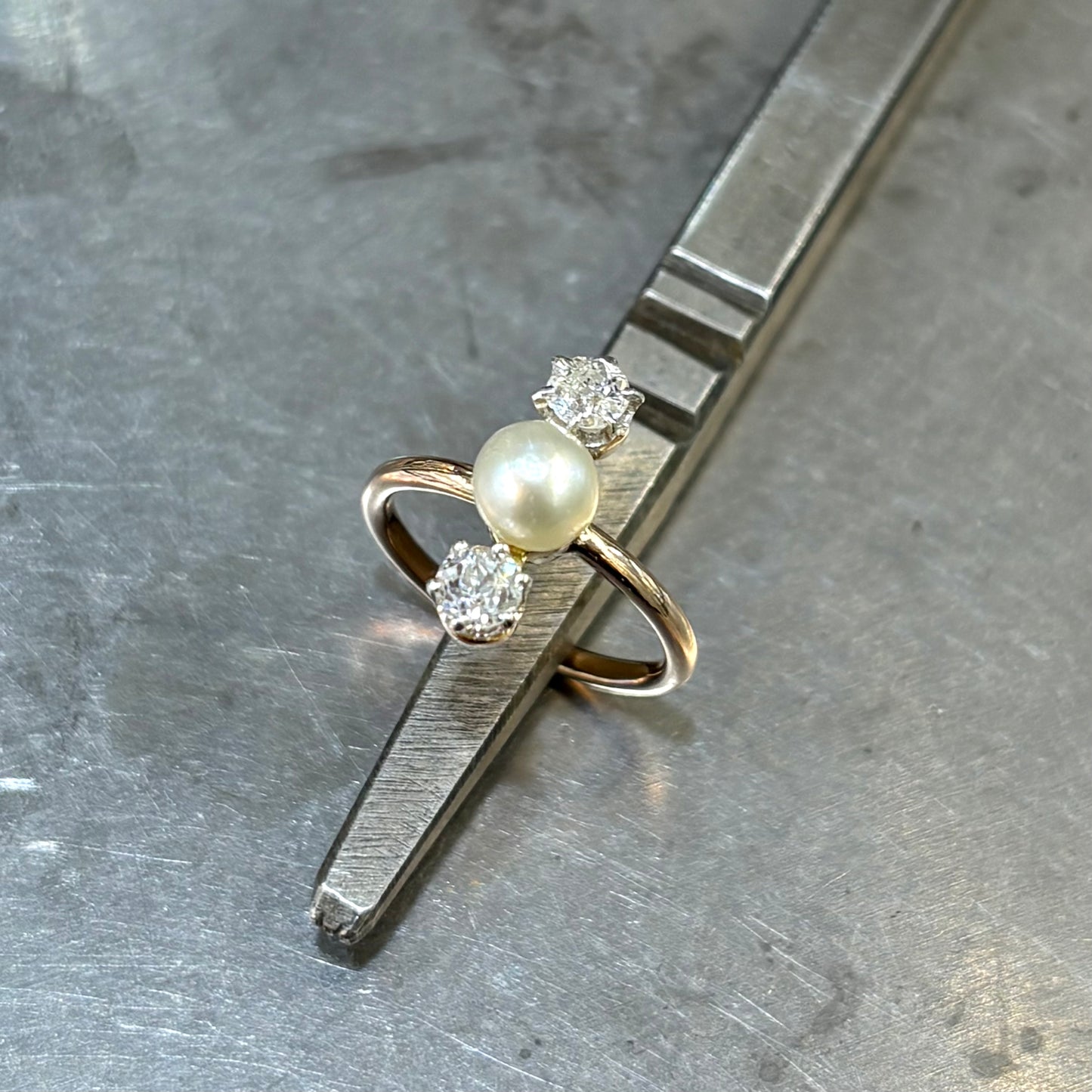 Bague Vintage - Or Jaune 750 Perle Naturelle & Diamants