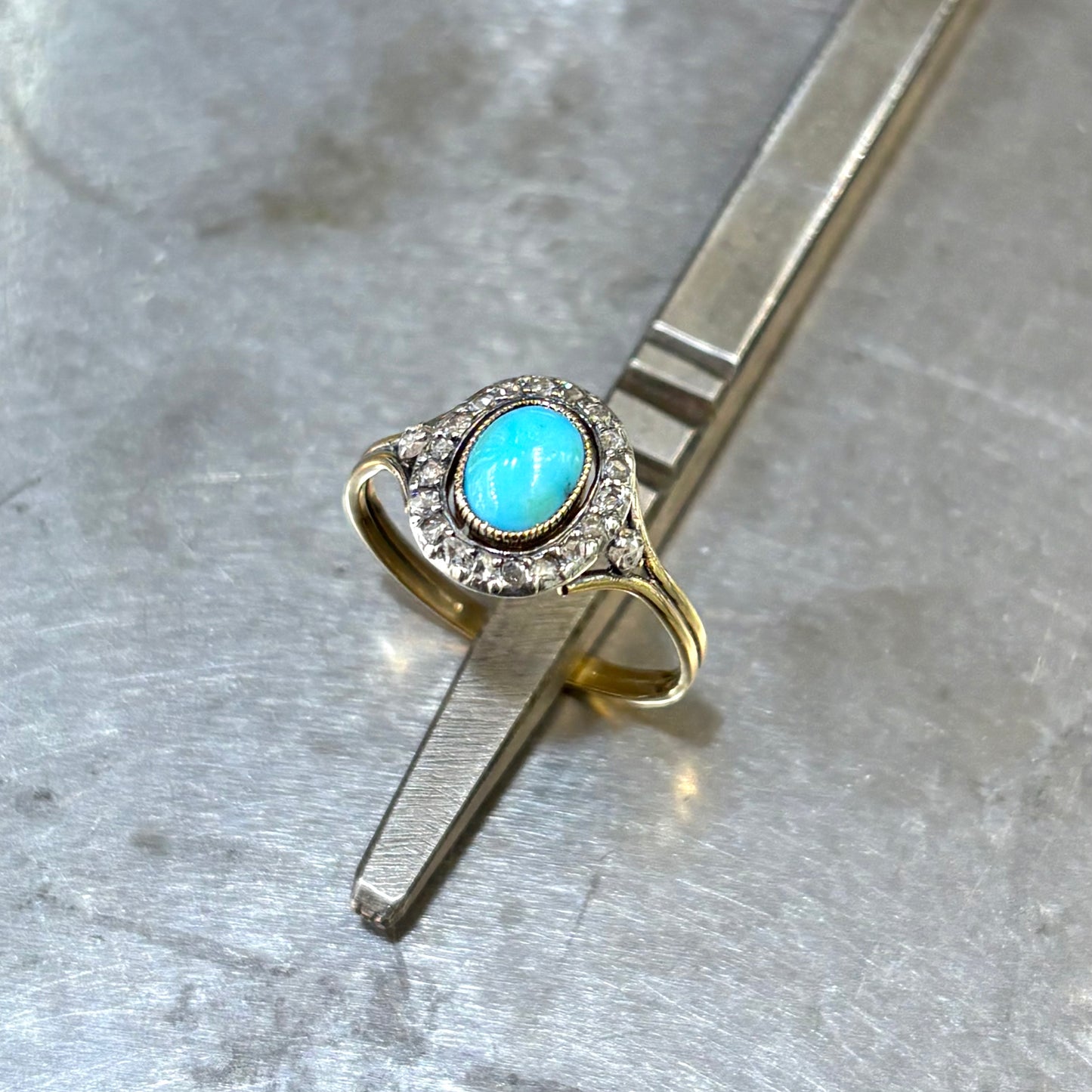 Bague Vintage - Or Jaune 750 Turquoise & Diamants