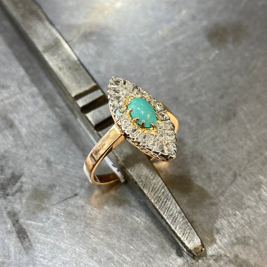 Bague Marquise Art Déco - Or 750 Turquoise & Diamants