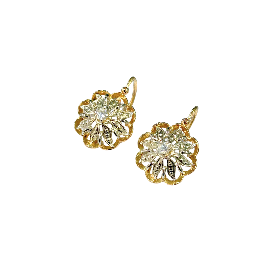 Boucles D'oreilles Vintage - Or Jaune/Blanc 750 & Diamants