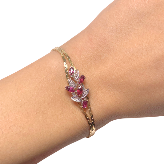 Bracelet Floral Vintage - Or Jaune/Blanc 750 Rubis & Diamants