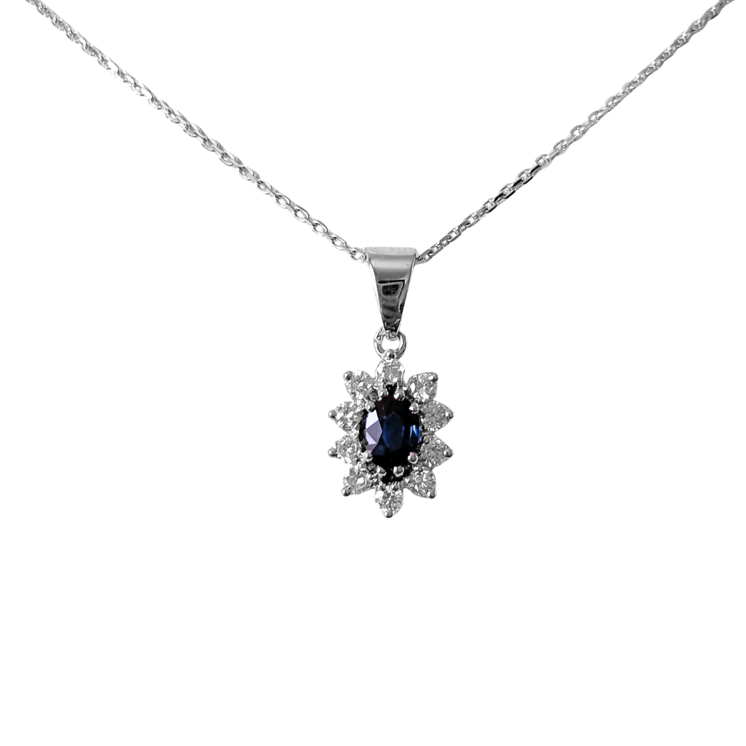 Collier Marguerite Vintage - Or Blanc 750 Saphir & Diamants