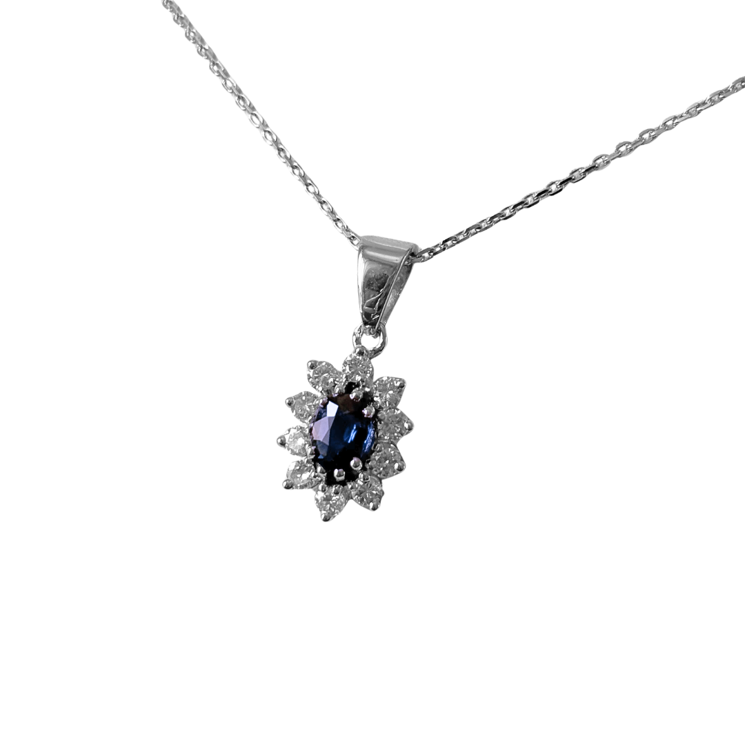 Collier Marguerite Vintage - Or Blanc 750 Saphir & Diamants