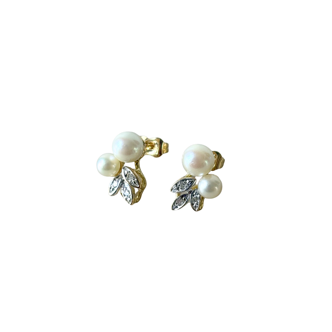 Boucles D'oreilles Vintage - Or Jaune 750 Perles & Diamants