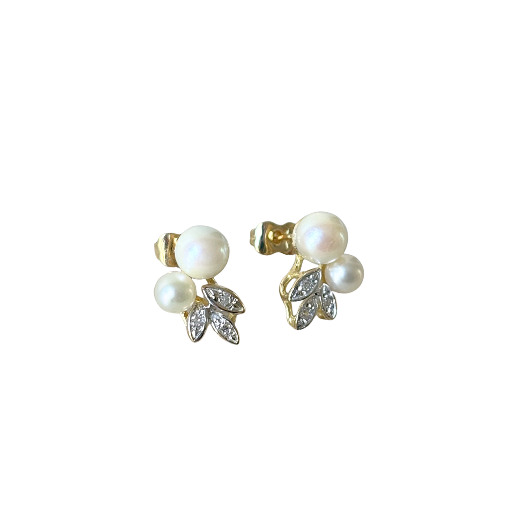 Boucles D'oreilles Vintage - Or Jaune 750 Perles & Diamants
