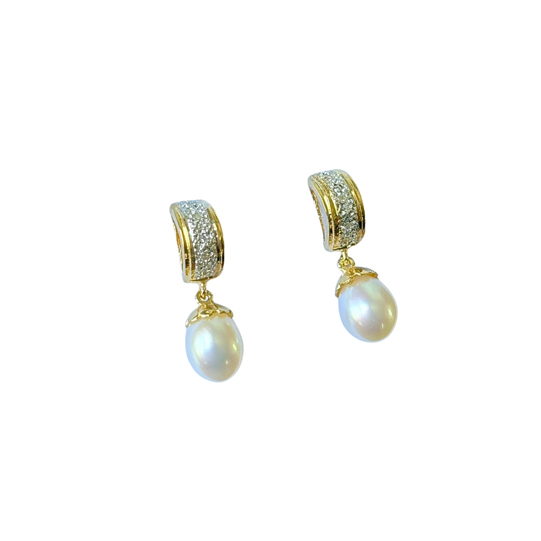 Boucles D'oreilles Vintage - Or Jaune 750 Perles & Diamants