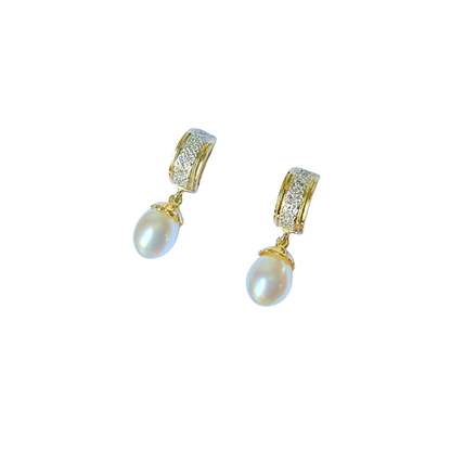 Boucles D'oreilles Vintage - Or Jaune 750 Perles & Diamants