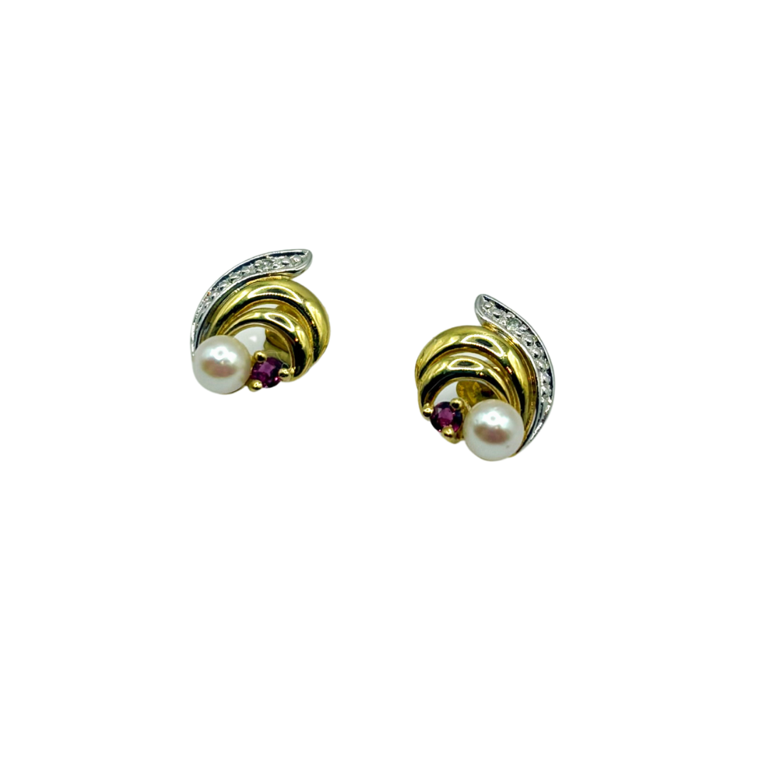 Earrings - 750 Yellow Gold Natural Pearls &amp; Ruby