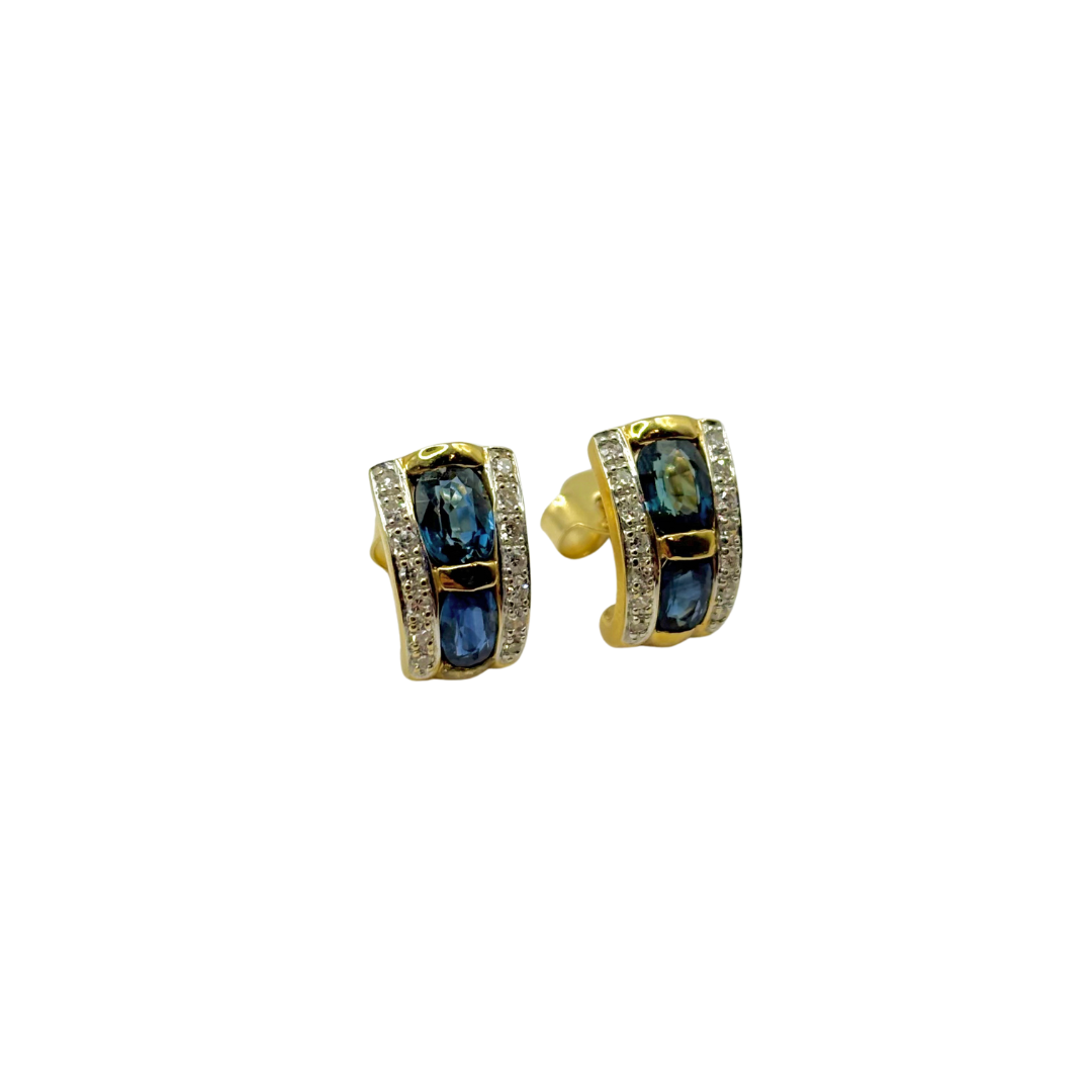 Art Deco Earrings - 750 Yellow Gold Sapphires &amp; Diamonds