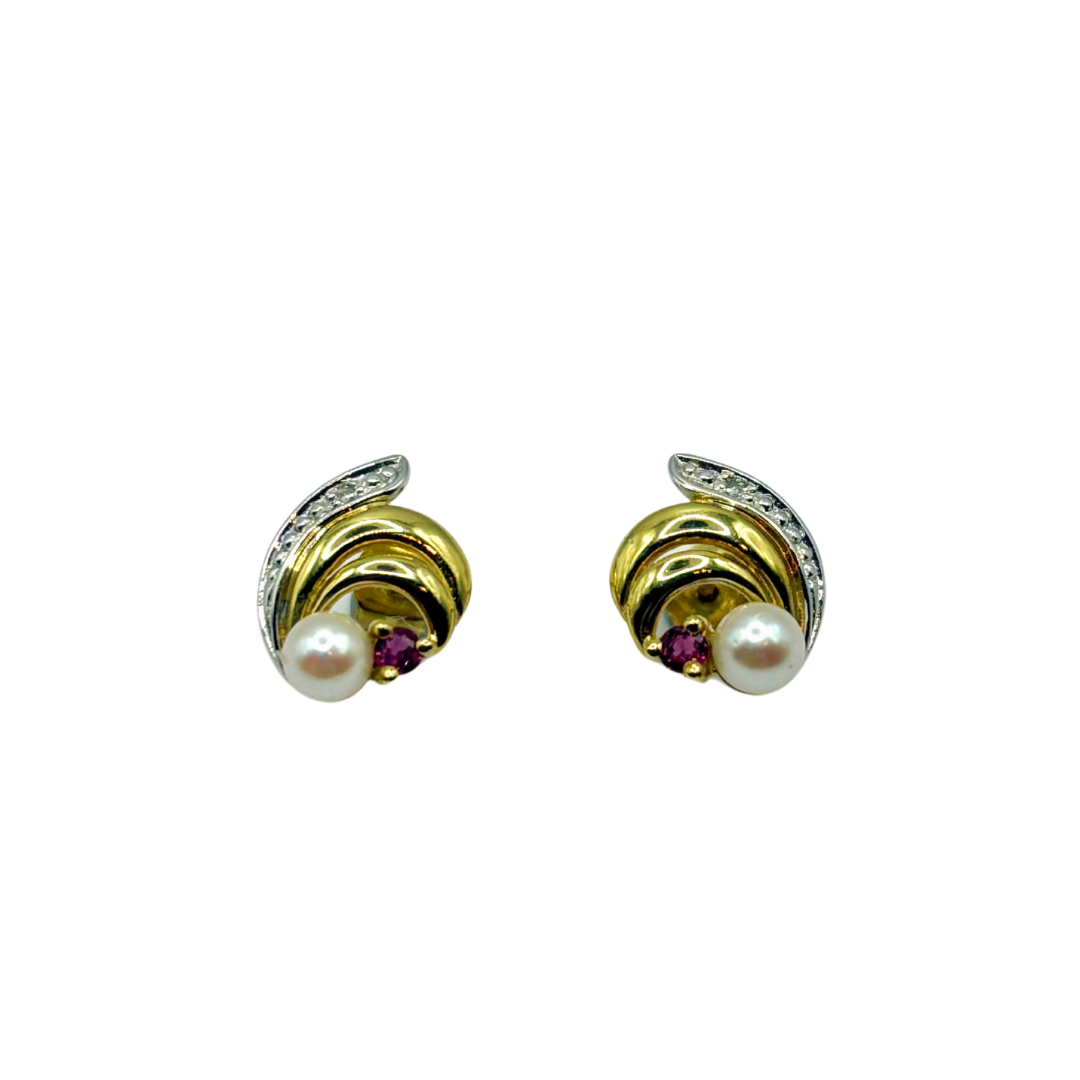 Earrings - 750 Yellow Gold Natural Pearls &amp; Ruby