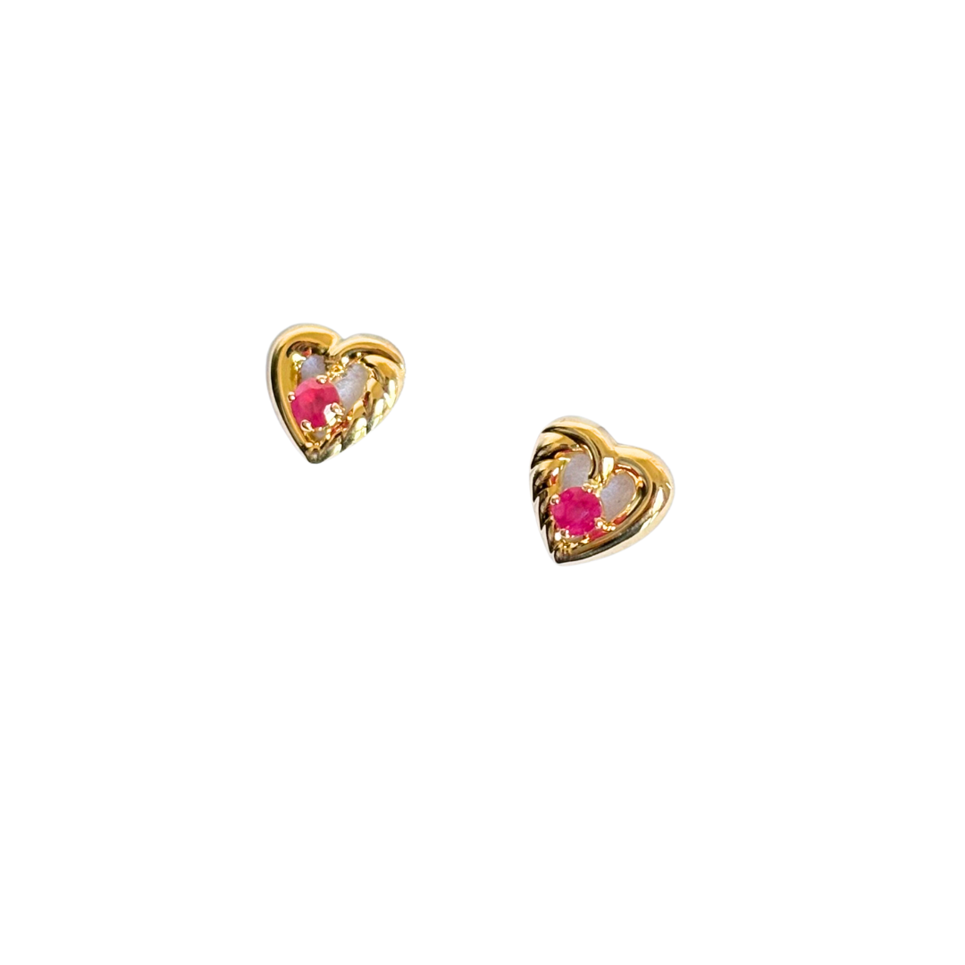 Boucles D'oreilles Coeur - Or Jaune 750 & Rubis