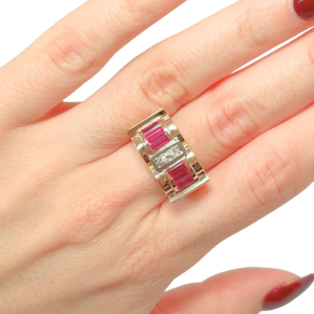 Bague Tank Art Déco - Or Jaune 750 Diamants & Rubis