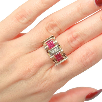 Bague Tank Art Déco - Or Jaune 750 Diamants & Rubis