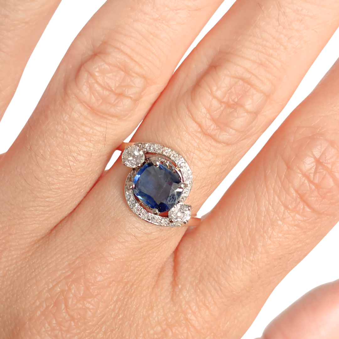 Bague Vintage - Or Blanc 750 Saphir & Diamants