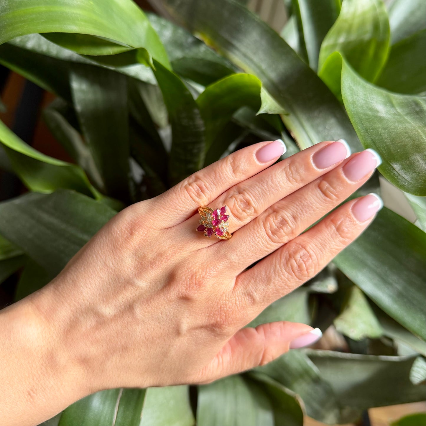 Bague Florale Vintage - Or Jaune 750 Rubis & Diamants