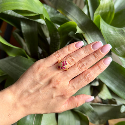Bague Florale Vintage - Or Jaune 750 Rubis & Diamants