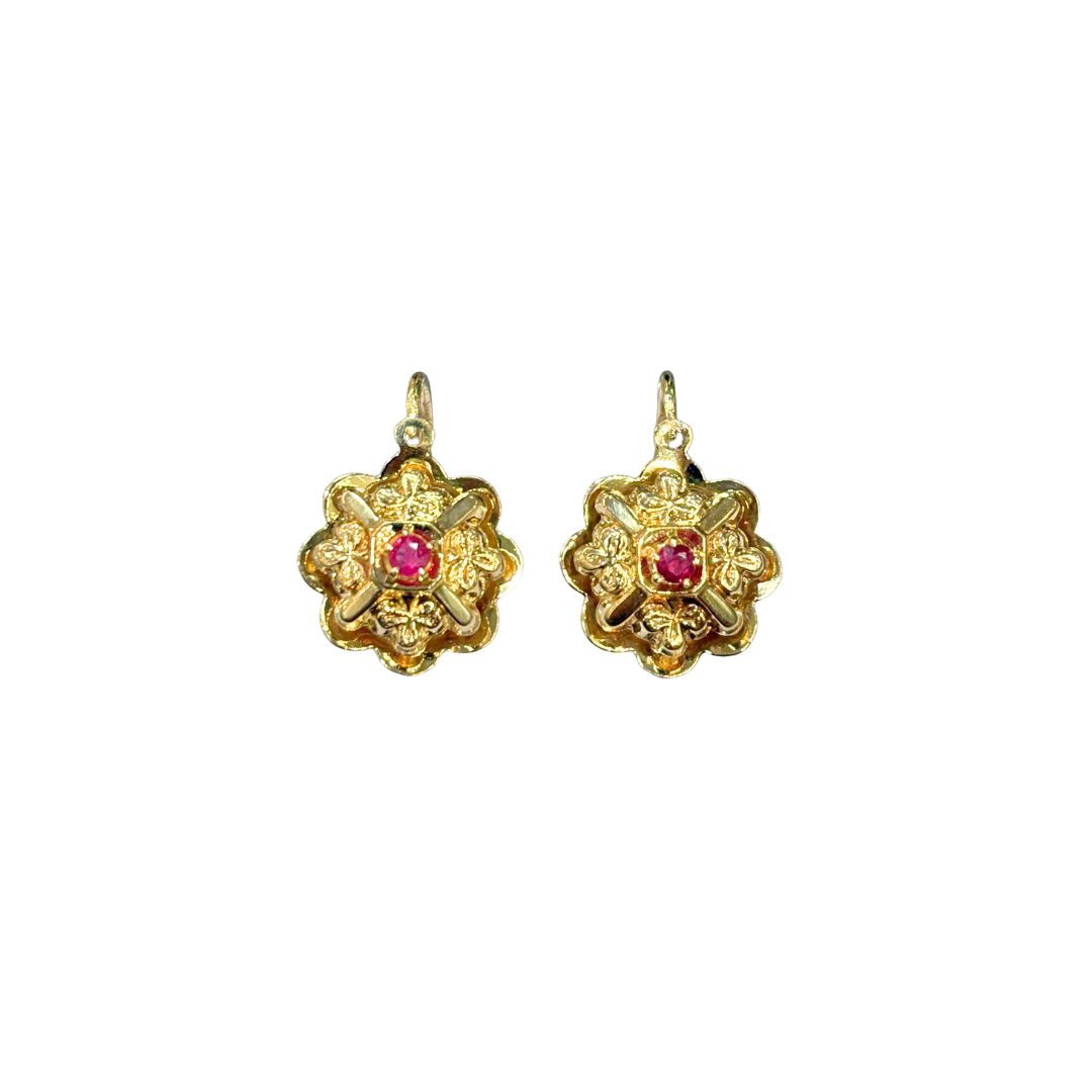 Boucles D'Oreilles Vintage - Or Jaune 750 & Rubis