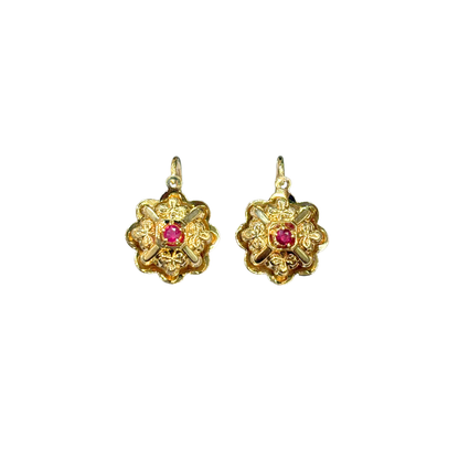 Boucles D'Oreilles Vintage - Or Jaune 750 & Rubis