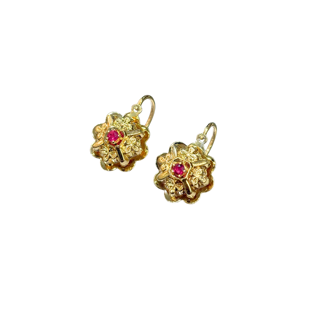 Boucles D'Oreilles Vintage - Or Jaune 750 & Rubis