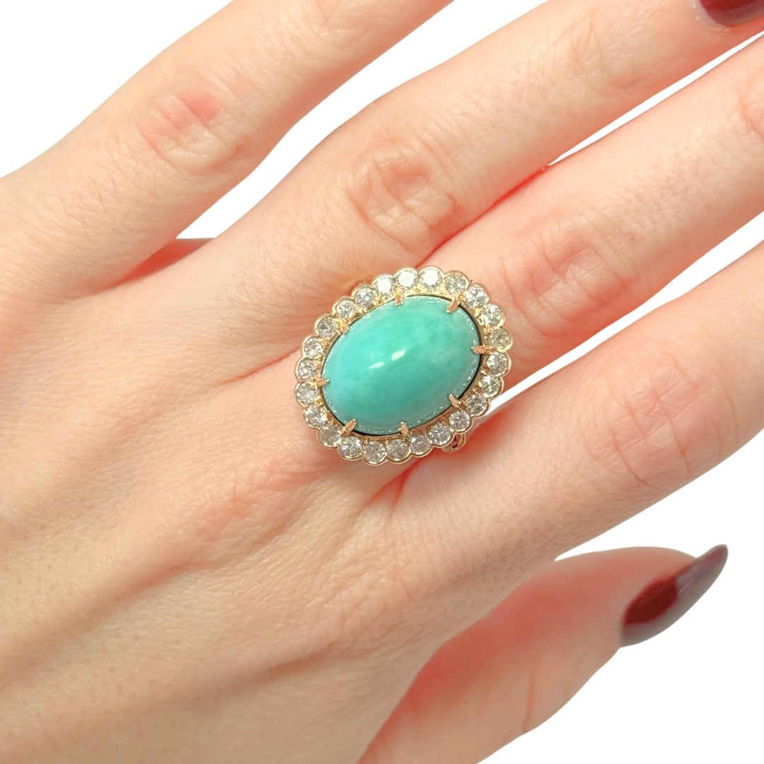 Bague Vintage Marguerite - Or Jaune 750 Turquoise & Diamants