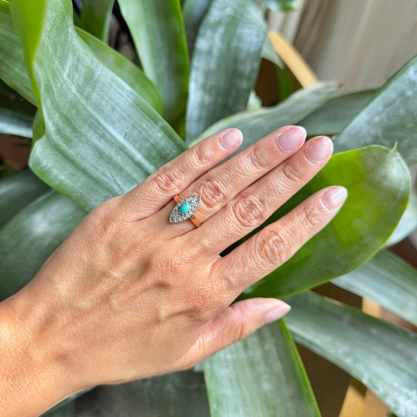 Bague Marquise Art Déco - Or Jaune 750 Turquoise & Diamants