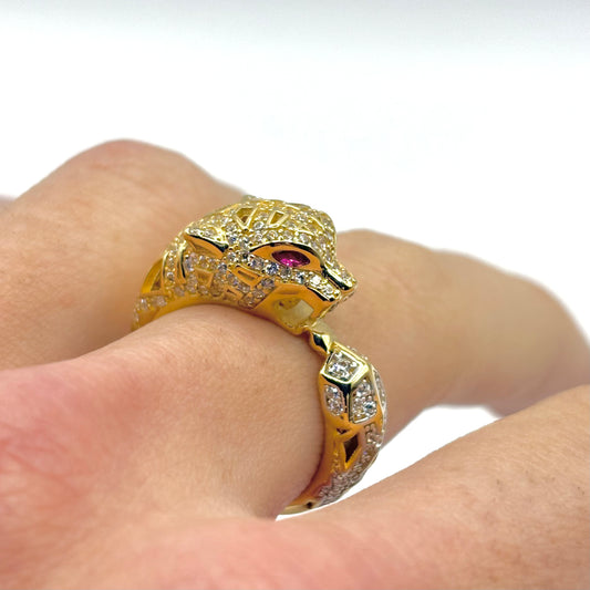 Bague Chevalière Panthère - Or Jaune 750 & Zircons