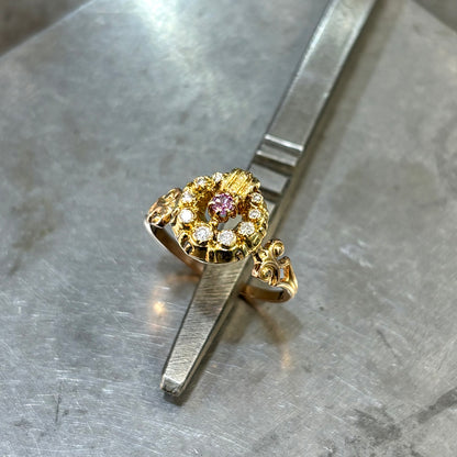 Bague Vintage Art Nouveau - Or Jaune 750 Améthyste & Diamants