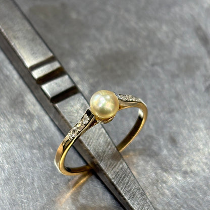 Bague Vintage - Or jaune 750 Perle Naturelle & Diamants