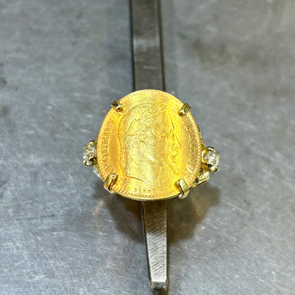 Bague Pièce - Or Jaune 750 & Pièce 10 Francs Napoléon & Diamants