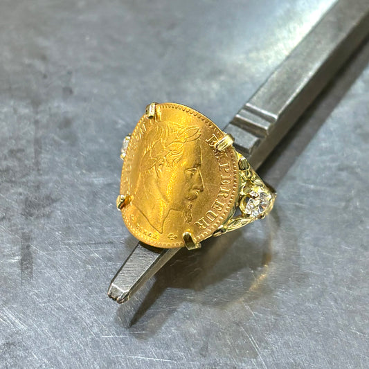 Bague Pièce - Or Jaune 750 & Pièce 10 Francs Napoléon & Diamants