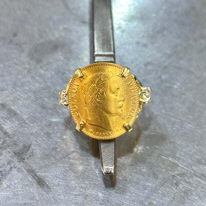 Bague Pièce - Or Jaune 750 & Pièce 10 Francs Napoléon & Diamants