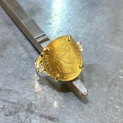 Bague Pièce - Or Jaune 750 & Pièce 10 Francs Napoléon & Diamants
