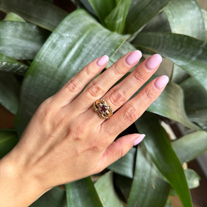 Bague Vintage Godrons - Or Jaune 750 & Grenat