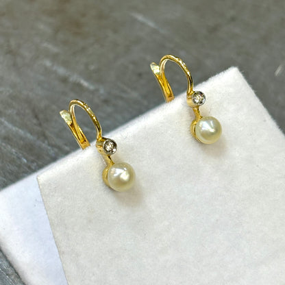 Boucles D'oreilles Vintage - Or Jaune 750 Perles & Diamants