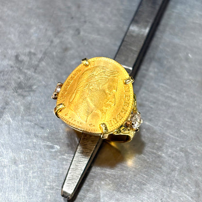 Bague Pièce - Or Jaune 750 & Pièce 10 Francs Napoléon & Diamants