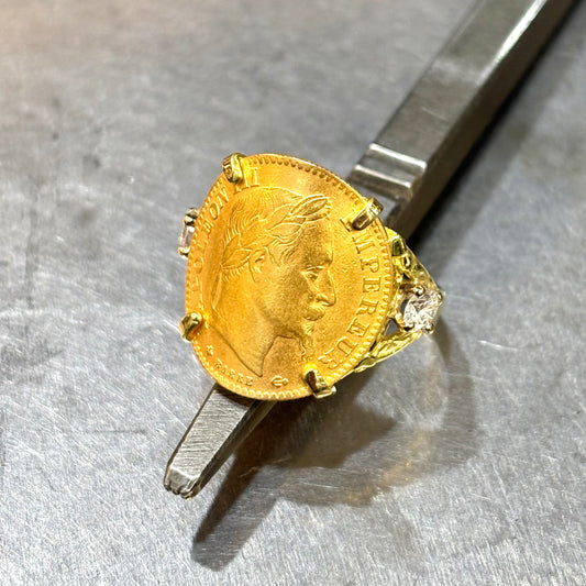 Bague Pièce - Or Jaune 750 & Pièce 10 Francs Napoléon & Diamants