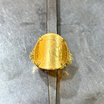 Bague Pièce - Or Jaune 750 & Pièce 10 Marianne Coq & Diamants