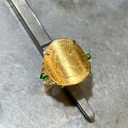 Bague Pièce - Or Jaune 750 & Pièce 10 Francs Napoléon & Émeraudes