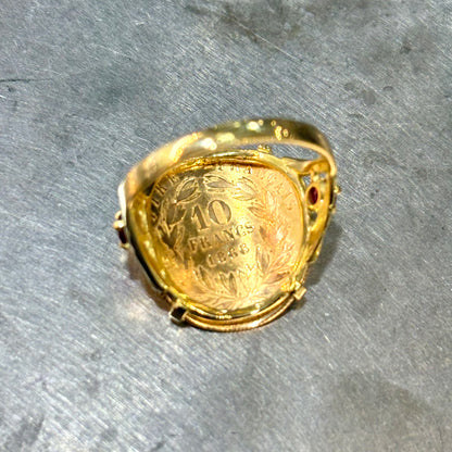 Bague Pièce - Or Jaune 750 & Pièce 10 Francs Napoléon & Émeraudes