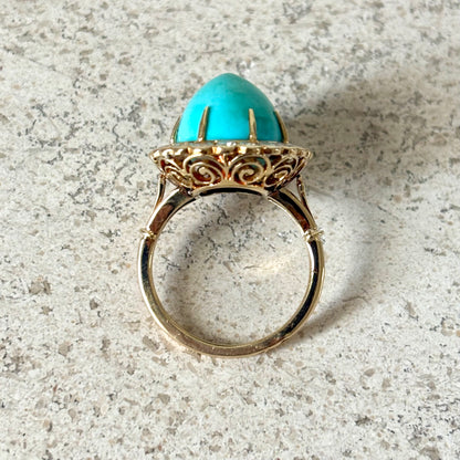 Bague Vintage Marguerite - Or Jaune 750 Turquoise & Diamants