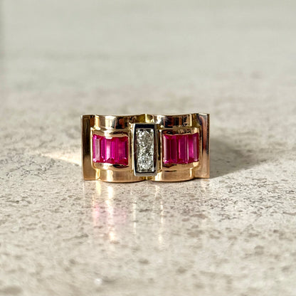 Bague Tank Art Déco - Or Jaune 750 Diamants & Rubis