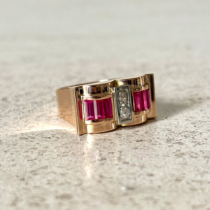 Bague Tank Art Déco - Or Jaune 750 Diamants & Rubis