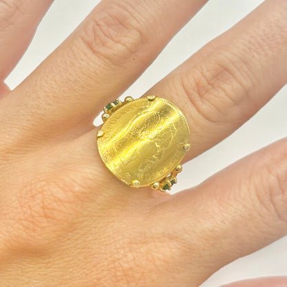 Ring - 750 Gold 10 Francs Napoleon Coin &amp; Emeralds