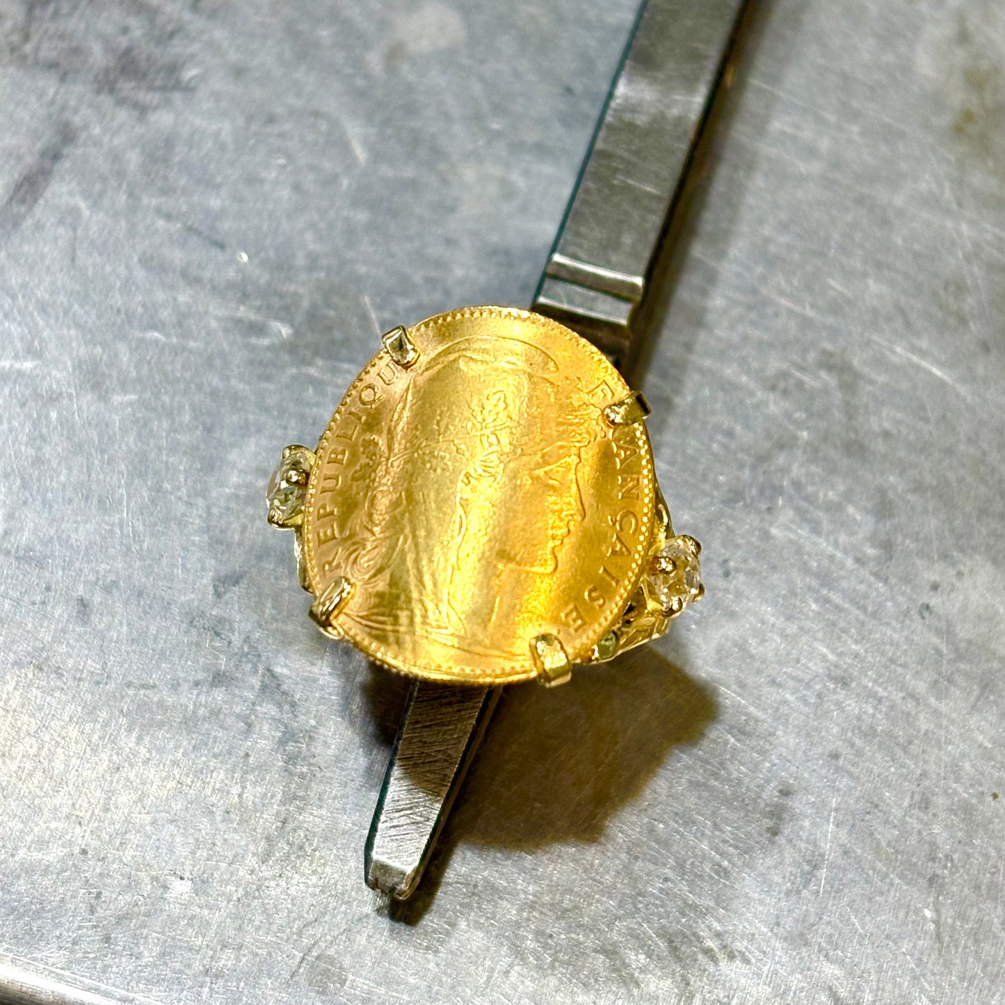 Bague Pièce - Or Jaune 750 & Pièce 10 Marianne Coq & Diamants