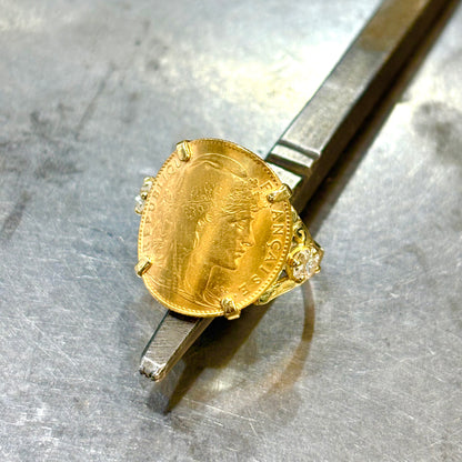 Bague Pièce - Or Jaune 750 & Pièce 10 Marianne Coq & Diamants